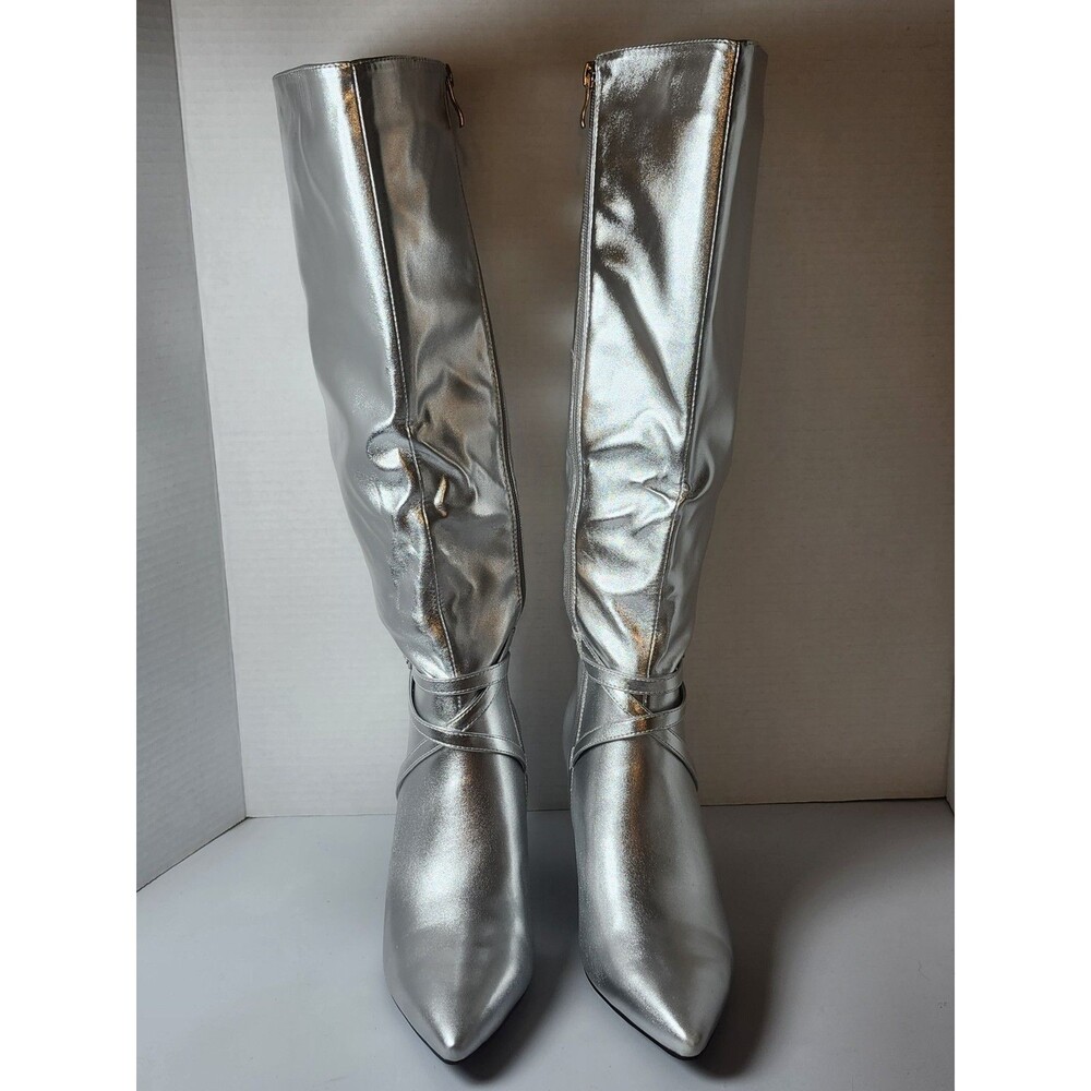 New Feetquake Women's Silver Knee High Stiletto Boots, Size 8M